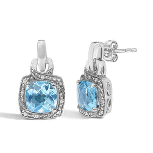 Sterling Silver Cushion Cut Blue Topaz and Diamond Accent Geometric Dangle Earrings-1