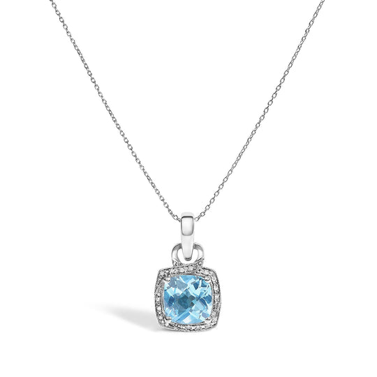 Sterling Silver Cushion-Cut Blue Topaz and Diamond Accent Milgrain Halo Pendant Necklace
