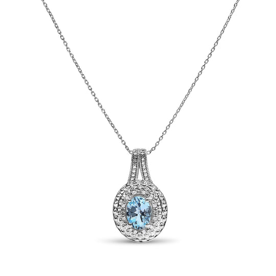 Sterling Silver Oval Blue Topaz and Diamond Accent Beaded Halo Pendant Necklace