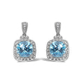 925 sterling silver earrings with cushion cut blue topaz and diamond accents