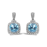 Sterling Silver 8x8mm Cushion Cut Blue Topaz and Diamond Accent Drop Earrings-0 thumbnail 1