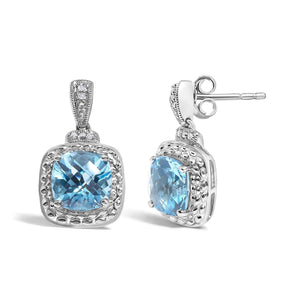 Sterling Silver 8x8mm Cushion Cut Blue Topaz and Diamond Accent Drop Earrings-1