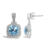 Sterling Silver 8x8mm Cushion Cut Blue Topaz and Diamond Accent Drop Earrings-3 thumbnail 4