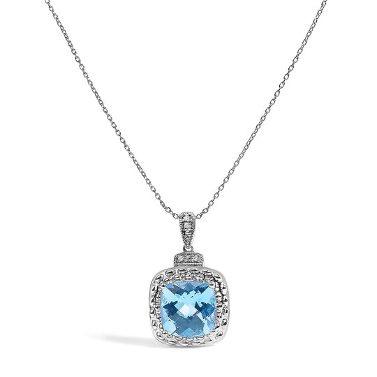 Sterling Silver Cushion-Cut Blue Topaz and Diamond Accent Beaded Halo Pendant Necklace