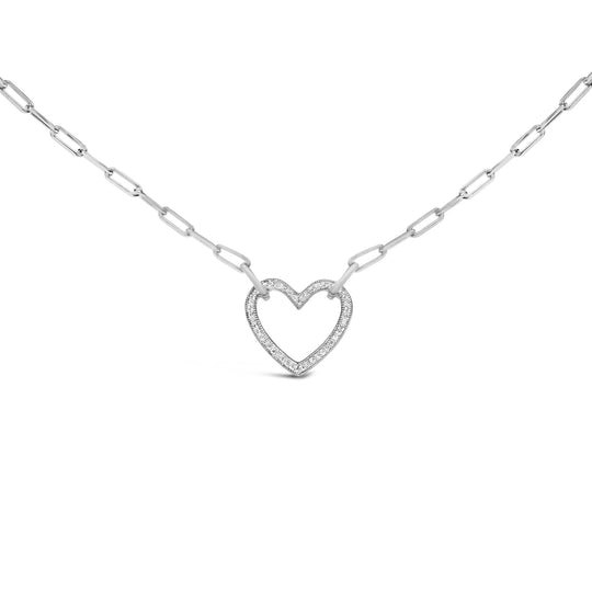 Sterling Silver Diamond Accent Open Heart Pendant Necklace with Paperclip Chain