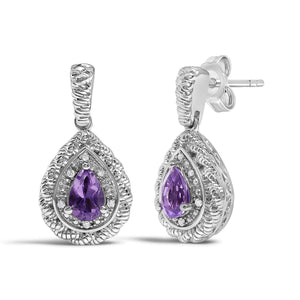 Sterling Silver Pear Cut Amethyst and Diamond Accent Teardrop Drop Earrings-1