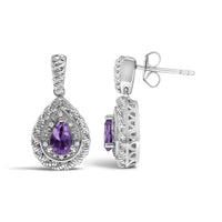 Sterling Silver Pear Cut Amethyst and Diamond Accent Teardrop Drop Earrings