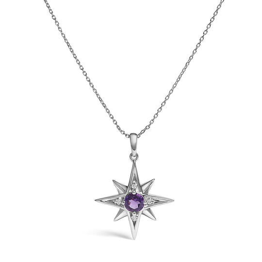 925 Sterling Silver Round Purple Amethyst and Diamond Accent Starburst Pendant Necklace