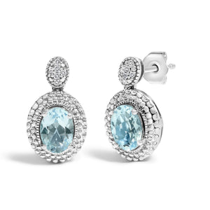 .925 Sterling Silver Diamond Accent and  Oval Blue Topaz with Beaded Halo Drop Stud Earrings (I-J color, I1-I2 Clarity)-1