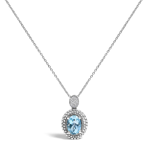 .925 Sterling Silver Oval Blue Topaz and Diamond Accent with Beaded Halo Pendant Necklace - 18