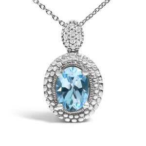 .925 Sterling Silver Oval Blue Topaz and Diamond Accent with Beaded Halo Pendant Necklace - 18
