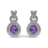 Sterling Silver Pear Cut Amethyst and Diamond Accent Teardrop Stud Earrings