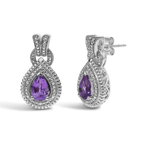 Sterling Silver Pear Cut Amethyst and Diamond Accent Teardrop Stud Earrings-1