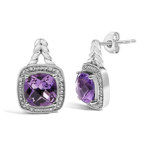Sterling Silver Cushion Cut Amethyst and Diamond Accent Halo Drop Earrings-1