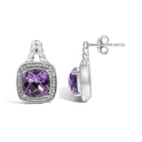 Sterling Silver Cushion Cut Amethyst and Diamond Accent Halo Drop Earrings-3 thumbnail 4