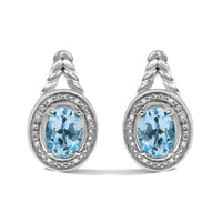 Sterling Silver Oval Blue Topaz and Diamond Accent Twist and Halo Drop Earrings
