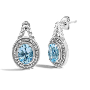 Sterling Silver Oval Blue Topaz and Diamond Accent Twist and Halo Drop Earrings-1