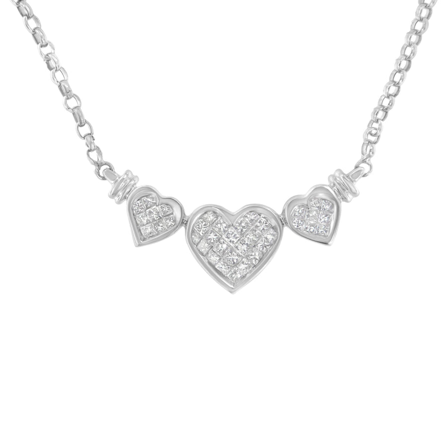 14K White Gold 1.0 Cttw Princess Cut Diamond Three Heart 18