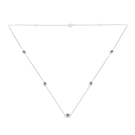 925 sterling silver station necklace with treated blue diamond stones