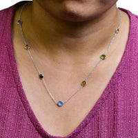 14K White Gold Bezel Set Mixed Gemstone 7 Station Adjustable 18