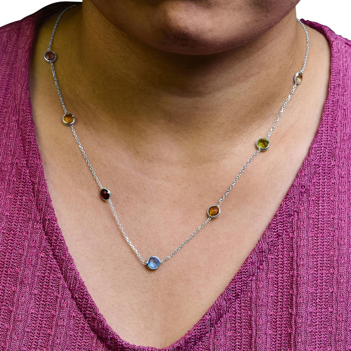 14K White Gold Bezel Set Mixed Gemstone 7 Station Adjustable 18