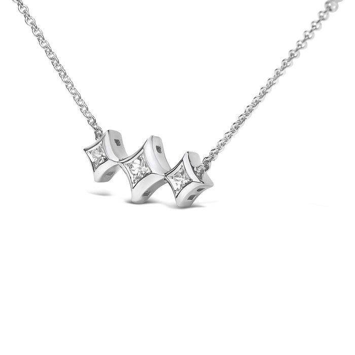 10K White Gold Bezel Set Princess Diamond 3 Stone Kite Shape and Station Necklace (H-I Color, SI2-I1 Clarity) - 18