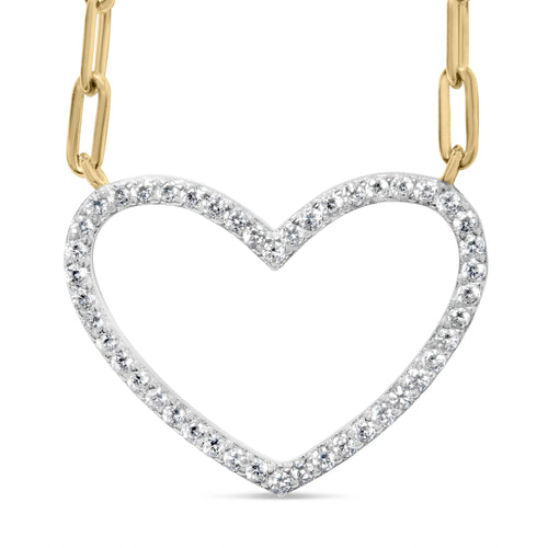 14K Yellow Gold Plated .925 Sterling Silver 1/4 Cttw Diamond Open Heart with Paperclip Chain Pendant Necklace (I-J Color, I2-I3 Clarity) - 18
