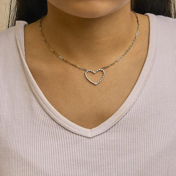 14K Yellow Gold Plated .925 Sterling Silver 1/4 Cttw Diamond Open Heart with Paperclip Chain Pendant Necklace (I-J Color, I2-I3 Clarity) - 18