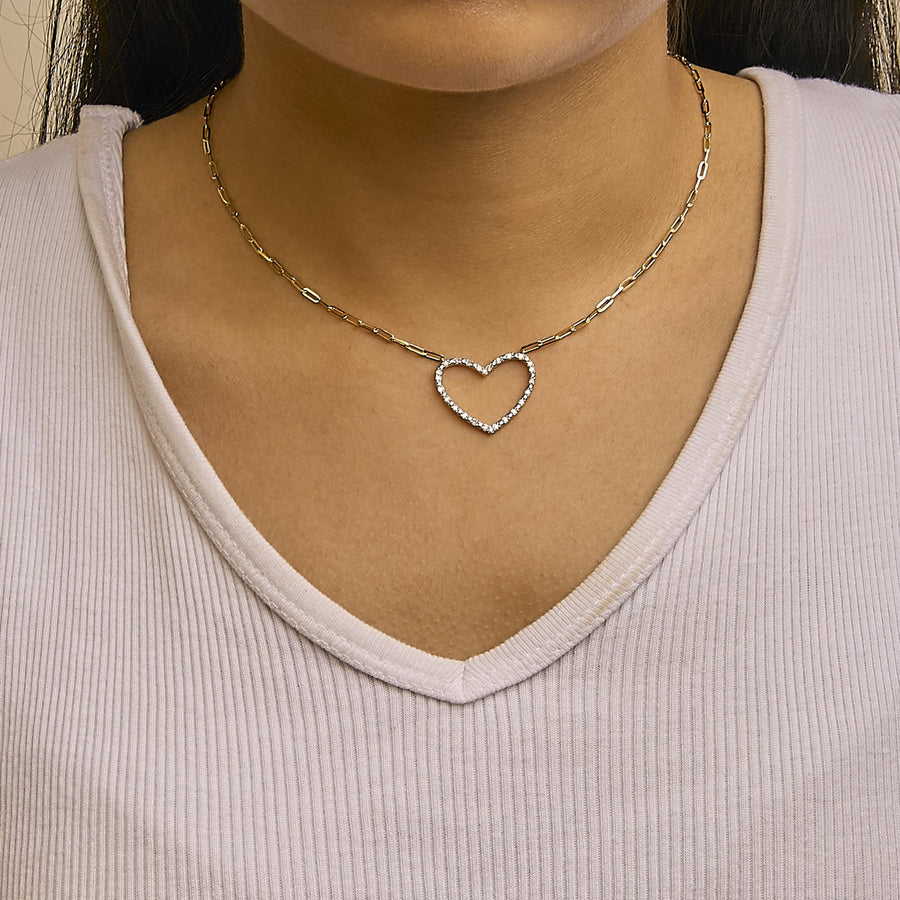 14K Yellow Gold Plated .925 Sterling Silver 1/4 Cttw Diamond Open Heart with Paperclip Chain Pendant Necklace (I-J Color, I2-I3 Clarity) - 18