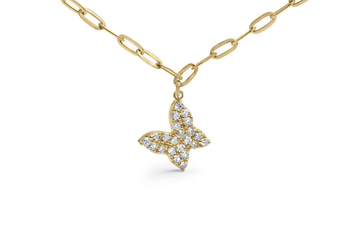 14KT Yellow Gold 1/2 Cttw Diamond Butterfly Station Paperclip Station Necklace (I-J Color, I1-I2 Clarity) - Adjustable 15