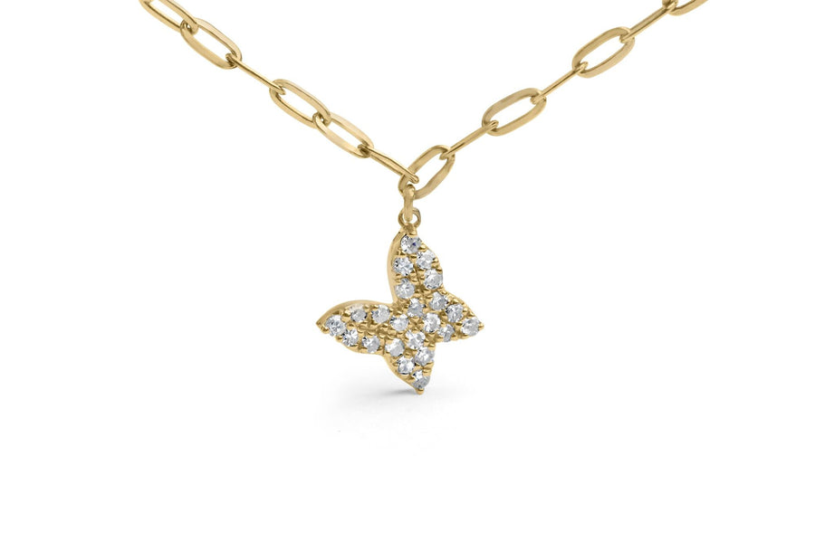 14KT Yellow Gold 1/2 Cttw Diamond Butterfly Station Paperclip Station Necklace (I-J Color, I1-I2 Clarity) - Adjustable 15