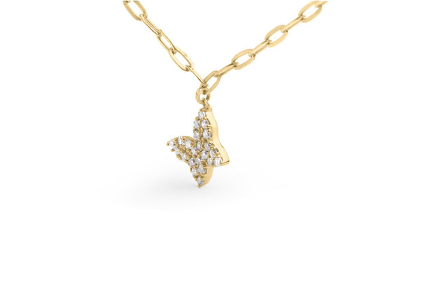 14KT Yellow Gold 1/2 Cttw Diamond Butterfly Station Paperclip Station Necklace (I-J Color, I1-I2 Clarity) - Adjustable 15