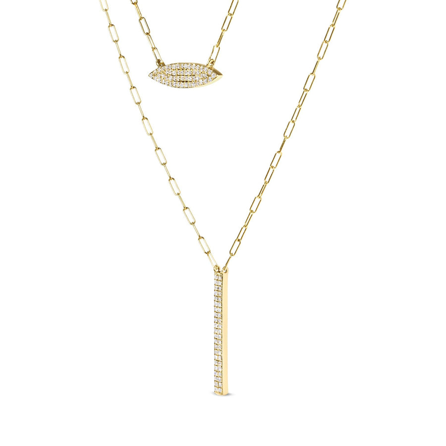 14K Yellow Gold 3/8 Cttw Two-Strand Marquise and Bar Charm Paper Clip Link Pendant Necklace  (I-J Color, I1-I2 Clarity) -18