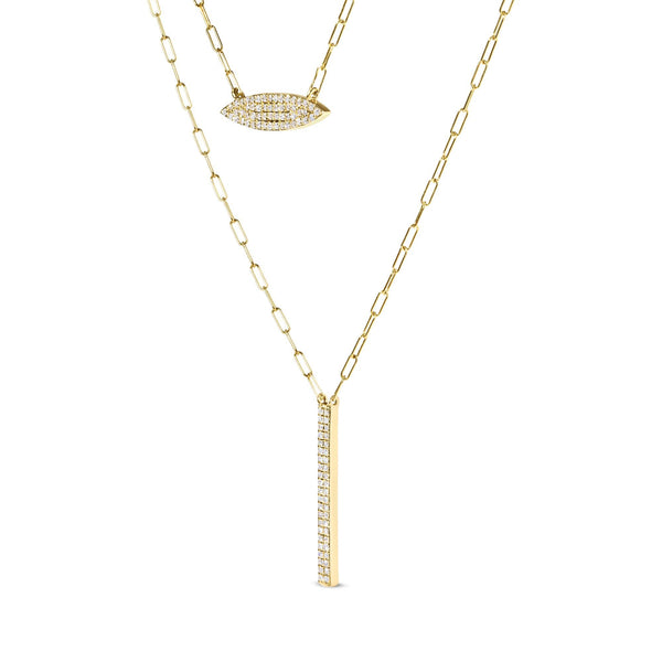 14K Yellow Gold 3/8 Cttw Two-Strand Marquise and Bar Charm Paper Clip Link Pendant Necklace  (I-J Color, I1-I2 Clarity) -18