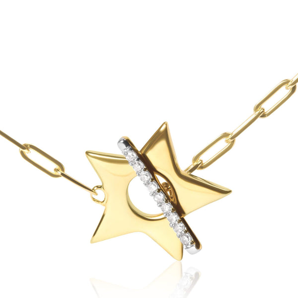 18K Yellow Gold Plated Sterling Silver Diamond Accent Star Pendant Necklace with Paperclip Chain