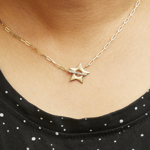 18K Yellow Gold Plated Sterling Silver Diamond Accent Star Pendant Necklace with Paperclip Chain