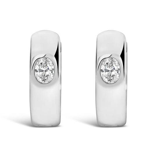 14K White Gold 1/3 Cttw Oval Diamond Bezel Set Huggie Earrings