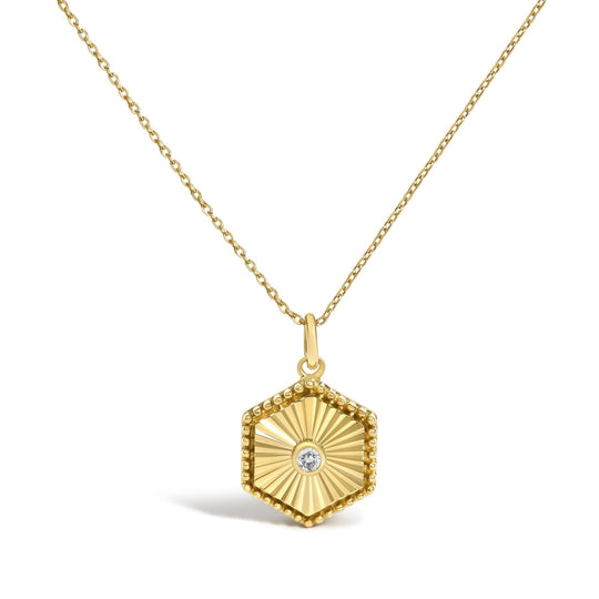 14K Yellow Gold Diamond Accent Fluted Hexagon Medallion Pendant Necklace-0