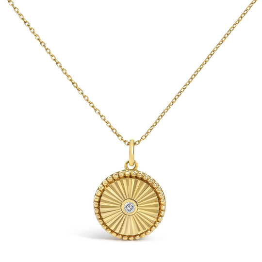 14K Yellow Gold Diamond Accent Circle Fluted Medallion Pendant Necklace-0