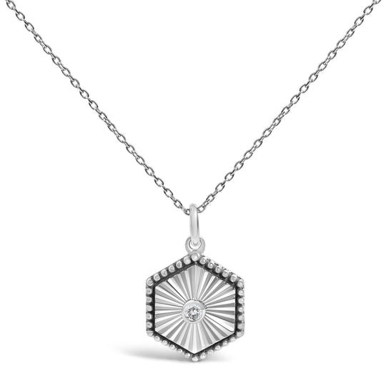 10K White Gold Diamond Accent Hexagon Fluted Medallion Pendant Necklace