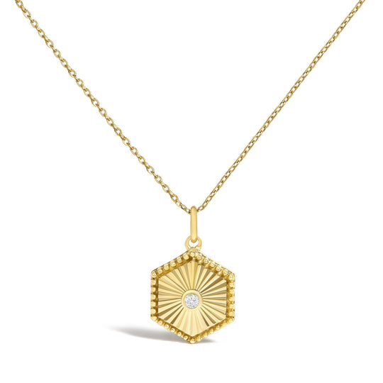 10K Yellow Gold Diamond Accent Hexagonal Fluted Medallion Pendant Necklace-0
