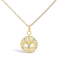 14K Yellow Gold 1/4 Cttw Round Diamond Openwork Fleur de Lis Medallion Pendant Necklace-0