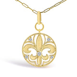 14K Yellow Gold 1/4 Cttw Round Diamond Openwork Fleur de Lis Medallion Pendant Necklace-1 thumbnail 2
