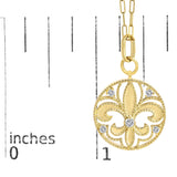 14K Yellow Gold 1/4 Cttw Round Diamond Openwork Fleur de Lis Medallion Pendant Necklace-4 thumbnail 5