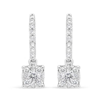 14K White 1/2 Cttw Round Diamond Halo Dangle Hook Earring - (H-I Color, SI2-I1 Clarity)