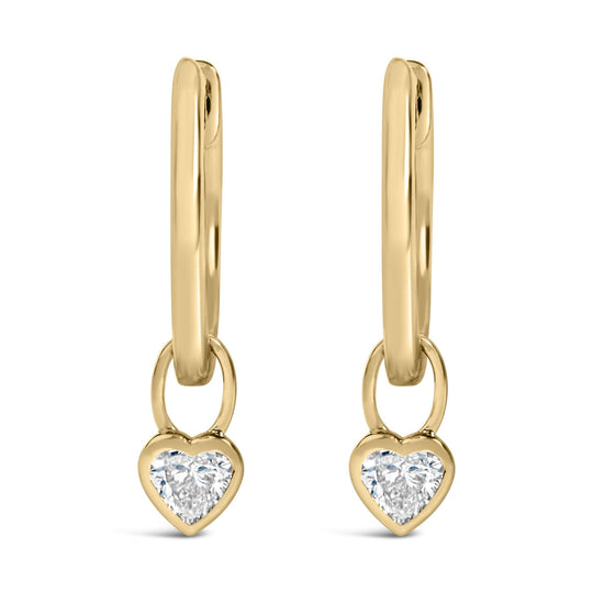 14K Yellow Gold 1/3 Cttw Heart Diamond Bezel Set Dangle Huggie Earrings