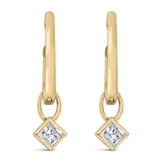 14K Yellow Gold 1/3 Cttw Princess Diamond Bezel Set Dangle Huggie Earrings