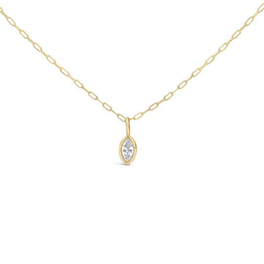 14K Yellow Gold 1/5 Cttw Marquise Diamond Solitaire Bezel Set Pendant Necklace with Paperclip Chain