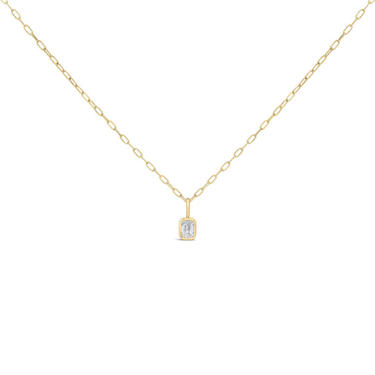 14K Yellow Gold 1/5 Cttw Emerald Diamond Bezel Set Solitaire Pendant Necklace with Paperclip Chain