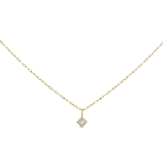 14K Yellow Gold 1/5 Cttw Princess-Cut Diamond Bezel Set Solitaire Pendant Necklace with Paperclip Chain